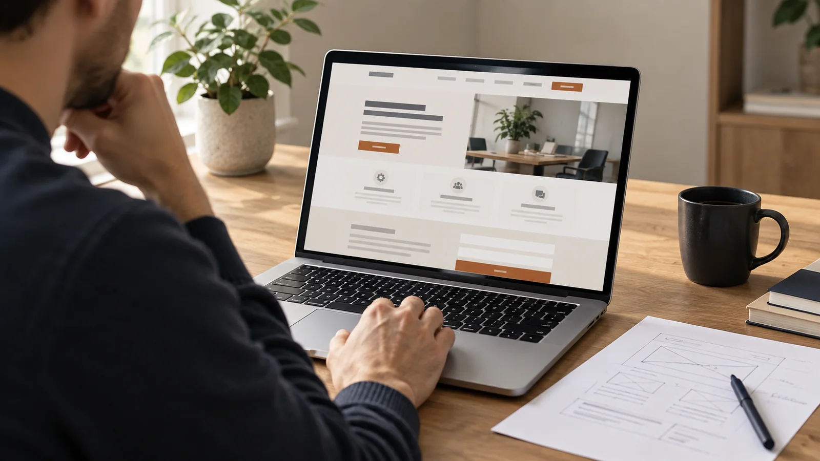Ondernemer bekijkt een zakelijke landingspagina met contactformulier op een laptop