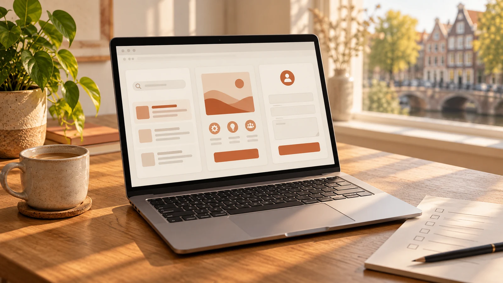Laptop met een abstract zoekresultaat, dienstenpagina en contactformulier op een houten bureau