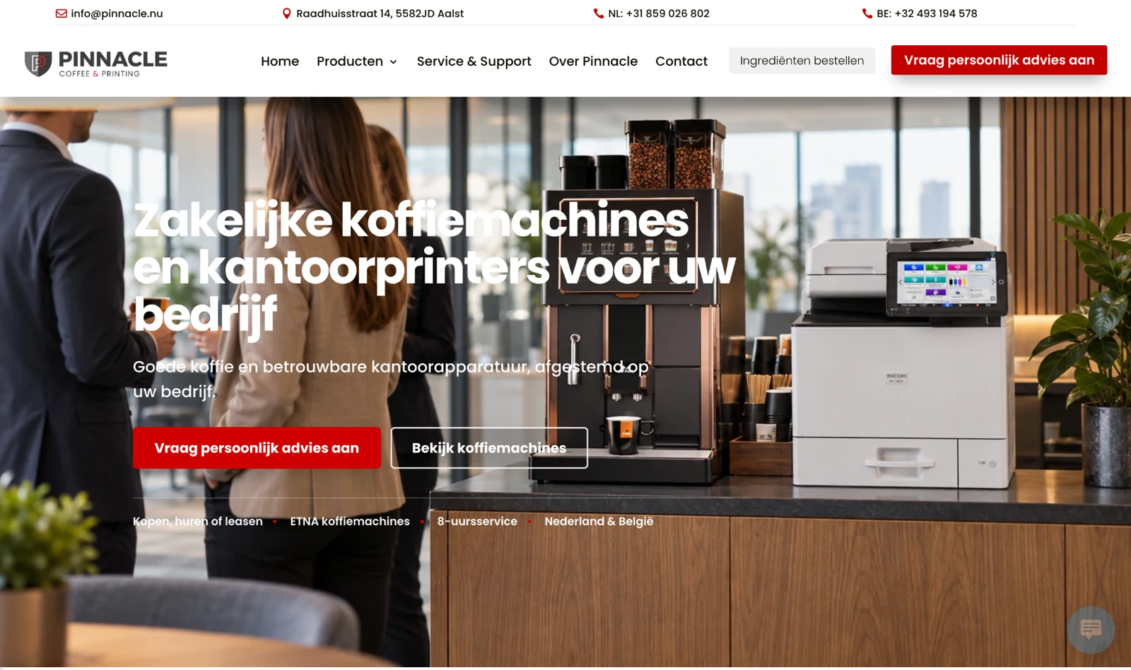 Homepage van Pinnacle na verbetering van teksten en de route naar contact